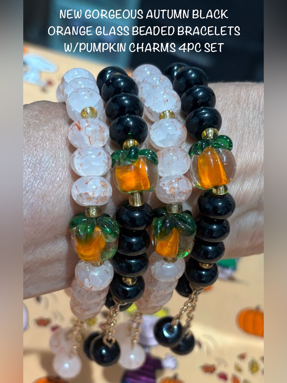 New Autumn Pumpkin Glass Beaded Bracelet Set - Black & White 4pc